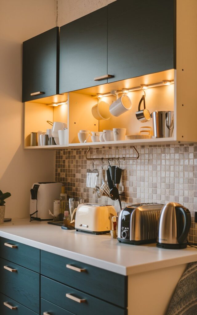 A photo of a studio kitchen countertop with a few dark color upper cabinets. The cabinets have warm LED lights. There are hooks under the cabinets for hanging mugs, cups, and utensils. There is a mosaic backsplash behind the cabinets. The countertop has essentials such as a toaster, a kettle, and a few dishes. The overall setting has a warm and inviting atmosphere.