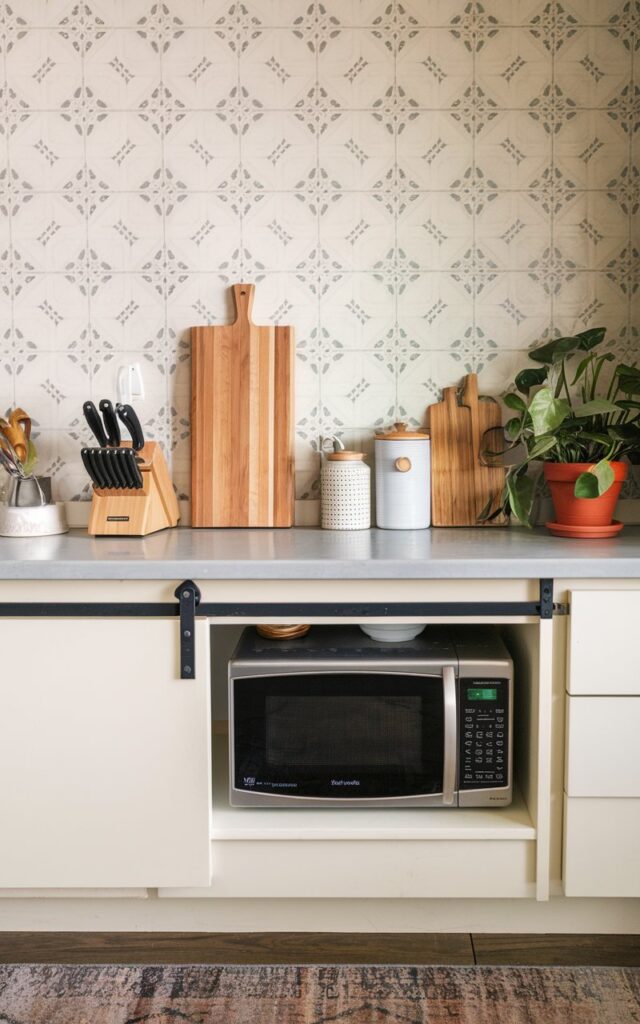 A photo of a studio kitchen countertop with a microwave in a cabinet with a sliding door. The countertop has other essentials such as a knife block, a cutting board, a canister, and a potted plant. The wall behind the countertop has a patterned backsplash. The floor has a rug.
