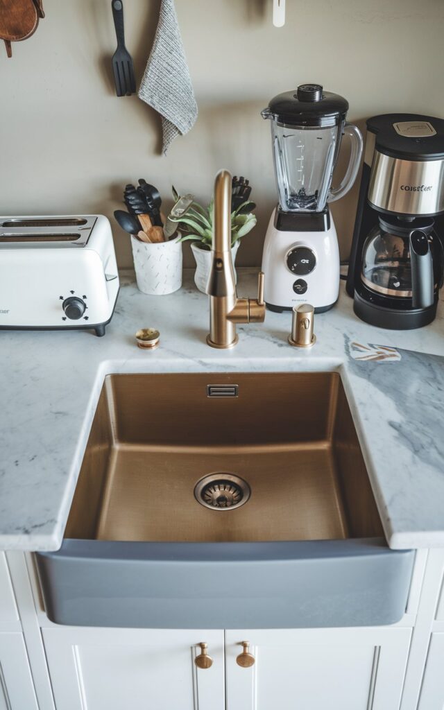A top view photo of a fully-furnished countertop with a modern sink. The sink has a smart faucet with touchless controls and a sleek finish. The countertop is made of marble and has a gold faucet. There are various kitchen items placed on the countertop, including a toaster, a blender, a coffee maker, and a small plant. The background is a wall with a few hanging items.