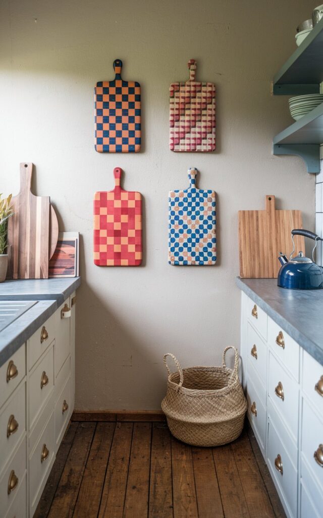 A photo of a cozy Bauhaus-style kitchen with 3-4 cutting boards of vibrant colors and patterns. The cutting boards are hung on a wall as an art piece. The kitchen has a wooden floor, white cabinets, and a black countertop. There is a green plant near the window. The overall space is bright and airy.