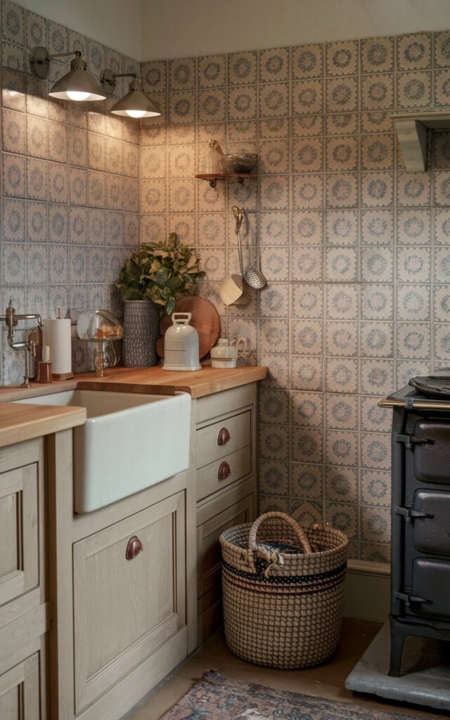 A photo of a cozy English countryside kitchen with textured, muted pastel-colored backsplash tiles. The tiles feature a floral pattern. There are stylish wall scones with soft lighting. The kitchen has a vintage feel, with a wooden cabinet, a ceramic sink, and a cast iron stove. There's a woven basket, a plant, and a few kitchen utensils on the counter. The floor is covered with a patterned rug.