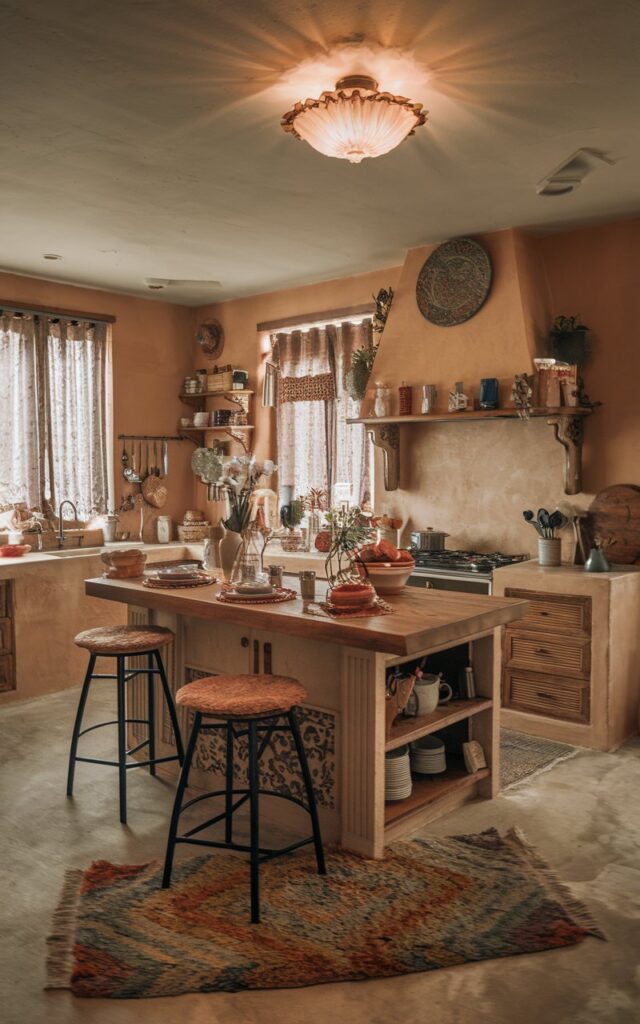 A cozy boho fully-furnished kitchen with fluffy rug in warm tones + unique shape + traditional Persian designs, placed underneath a fully-furnished island. Natural lighting is soft, ambient. Ceiling has Boho-inspired light.