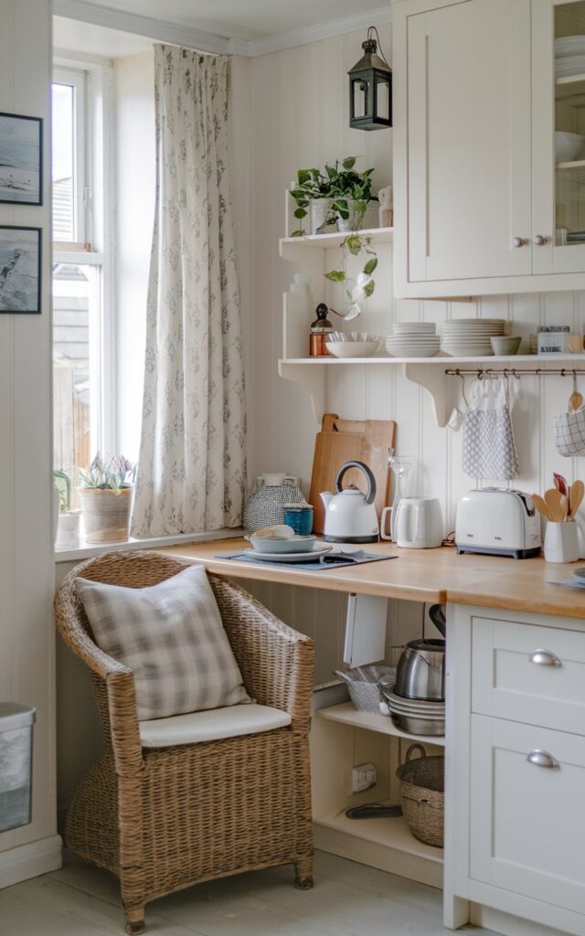 A photo of a cozy coastal cottagecore kitchen with a comfortable chair and a cushion near the kitchen table. The kitchen table is placed near a window with curtains. The kitchen table has essentials like a kettle, a toaster, and a few dishes. The kitchen and table are functional and ergonomic. The walls have white cabinets and a few decorative items, including a plant and a lantern.