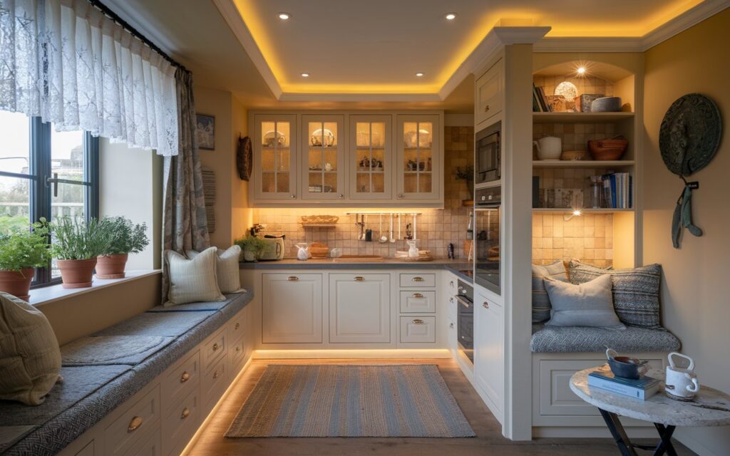 A photo of a cozy coastal and cottagecore kitchen with a warm tone. There is under-cabinet LED lighting, a cozy rug, and potted herbs on a windowsill. The curtains are laced and the backsplash is made of warm tiles. There is a coffee corner with a comfortable cushioned chair, warm lighting, and a tea table with a few books. The kitchen and coffee corner are fully furnished, with a recessed ceiling and LED light.