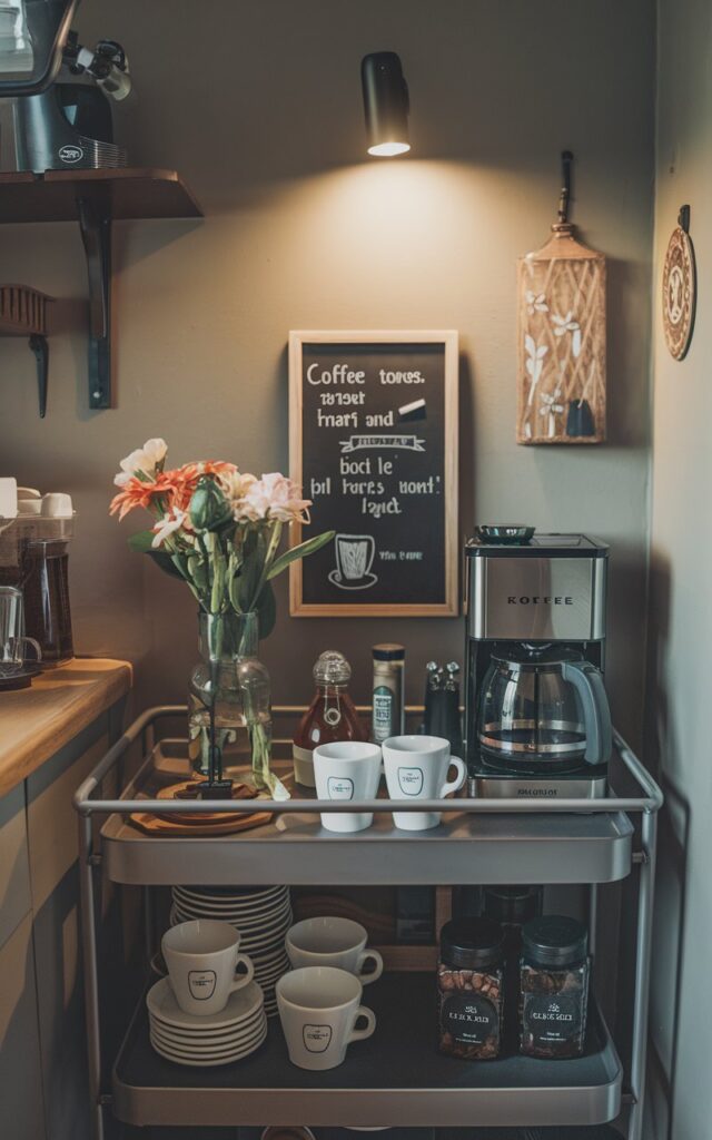 A photo of a Bauhaus kitchen with a cozy coffee corner. There's a small cart with a few mugs, a coffee maker, and jars of beans or pods. There's a mini chalkboard with coffee quotes and a vase of flowers. Extras include syrups, a frother, and a stack of coasters. The walls have muted tones, and there's warm lighting.