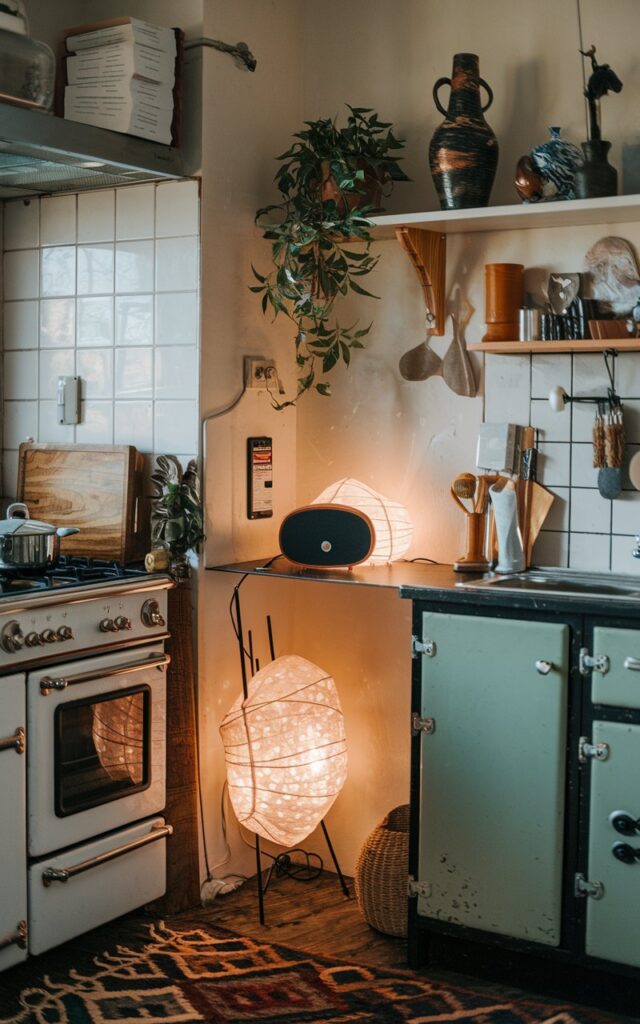 A photo of a cozy corner in an eclectic kitchen. There's a small radio or speaker for music on the counter. The corner has a unique lampstand with warm lighting. There's a plant, a vase, and a few decorative items on the shelf above the counter. The floor is covered with a patterned rug. The background contains a stove, a sink, and a few cabinets.