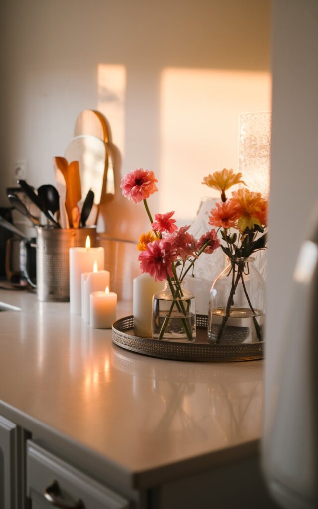 A photo of a cozy kitchen countertop with essentials. There's a few candles, small vases with bright flowers on a tray for an organized look. The countertop is styled and uncluttered. The photo is taken from a corner angle shot. The lighting is soft and warm, with a golden hour glow.