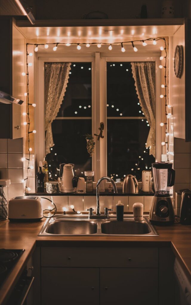 A photo of a cozy kitchen at night with warm light from a string of fairy lights above the sink around the window. The countertop is fully furnished with a toaster, a kettle, a blender, and a few other items. The window above the sink has curtains. The overall ambiance is warm and inviting.