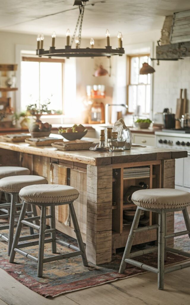 A photo of a cozy rustic kitchen with a fully-furnished island made of reclaimed wood and a polished finish. There are vintage stools with cushions placed around the island. There's a rustic chandelier hanging above the island and a rug beneath it. The lighting is soft and warm.