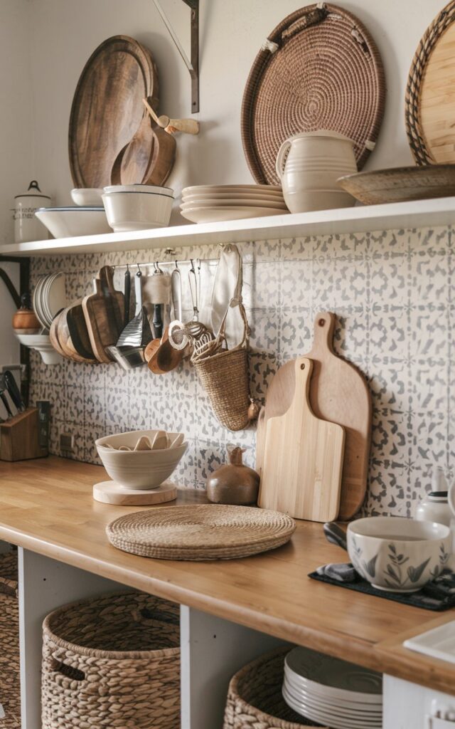 A photo of a farmhouse kitchen with a cozy atmosphere. There are a few woven baskets, cutting boards, and ceramic bowls placed on a wooden counter. The kitchen is fully furnished with essentials. There's a beautiful backsplash that complements the essentials.