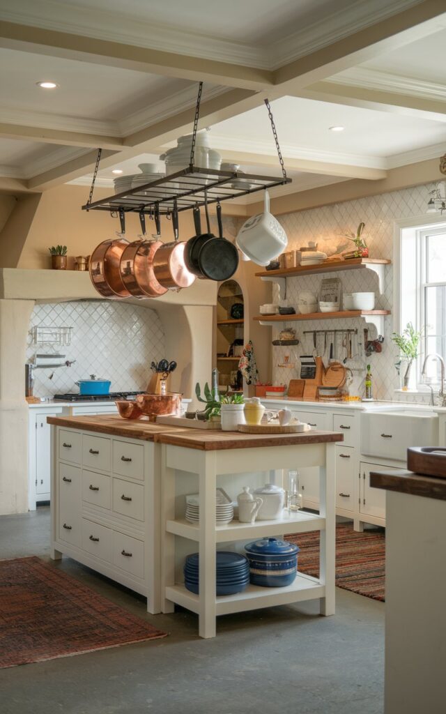 A photo of a farmhouse-style kitchen with a cozy ambiance. There is a large island in the middle of the room with a hanging pot rack above it. The pot rack holds copper pans, cast iron pots, and enamel pots. The kitchen is fully furnished with a range of appliances and utensils. The walls have a contrasting backsplash. There is a rug on the floor. The ceiling is detailed with recessed lighting.