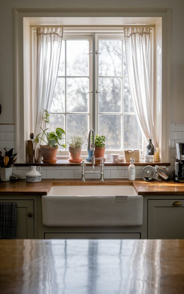 A mid-shot straight view photo of a farmhouse kitchen with an oversized farmhouse sink with a matte finish. Above the sink, there is a window with a curtain. The windowsill has a few plants. The counter has a polished surface with essentials. The room is illuminated by natural light that is filtered and diffused.