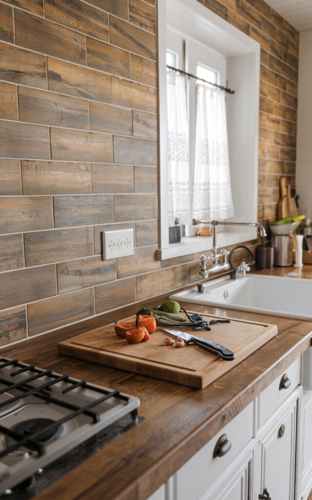 A mid-shot straight angle view of a farmhouse kitchen with wood-like tiles as a backsplash. The countertop is fully furnished, giving a rustic look. There is a white sink with a drain in the background. A wooden cutting board is placed on the countertop, with a knife and some produce. There is a window with curtains near the sink.