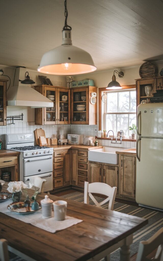 A photo of a rustic farmhouse kitchen with a L-shape layout. The kitchen is fully furnished with wooden cabinets, a farmhouse sink, a stove, a refrigerator, and a table. An oversized farmhouse light fixture hangs over the sink. The room has a vintage touch with its decorative items and the use of wood. The lighting is soft and ambient.