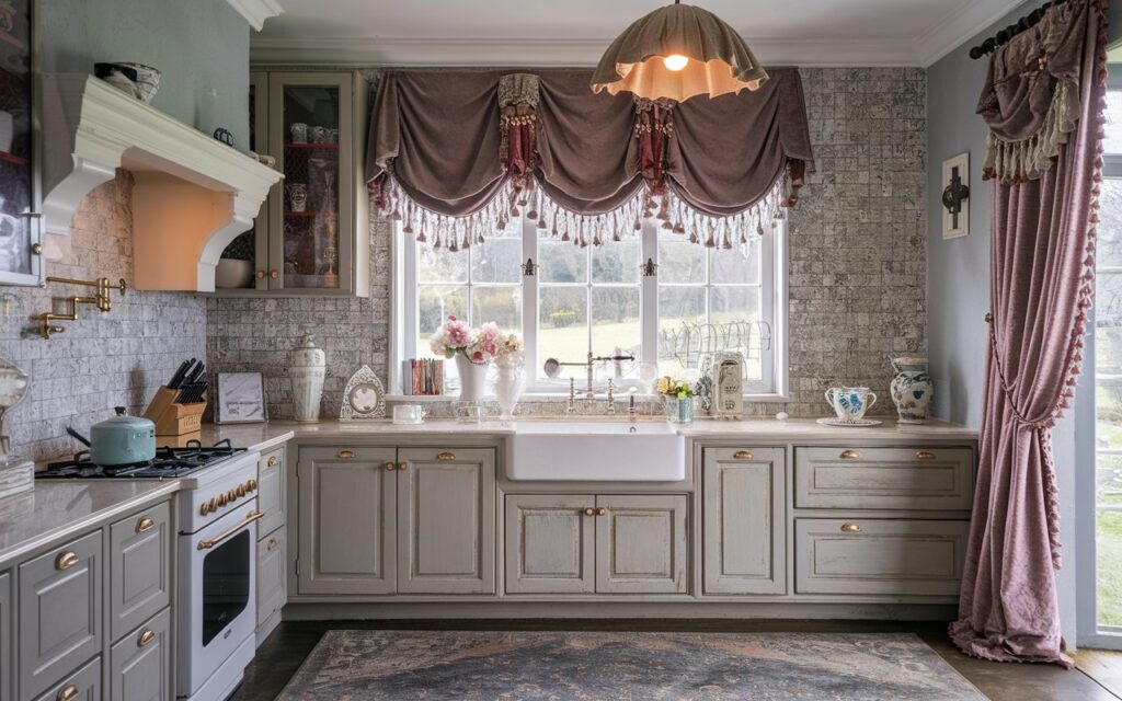 A photo of a shabby chic fully-furnished kitchen in a farmhouse. The kitchen has a window with embroidered, lace, and velvet curtains above the sink. The outdoor view is a garden. The kitchen has contrasting cabinets, a textured, patterned backsplash, and a designer fabric pendant light with a light on. The floor has a designer rug. The kitchen is filled with natural light, which is soft.