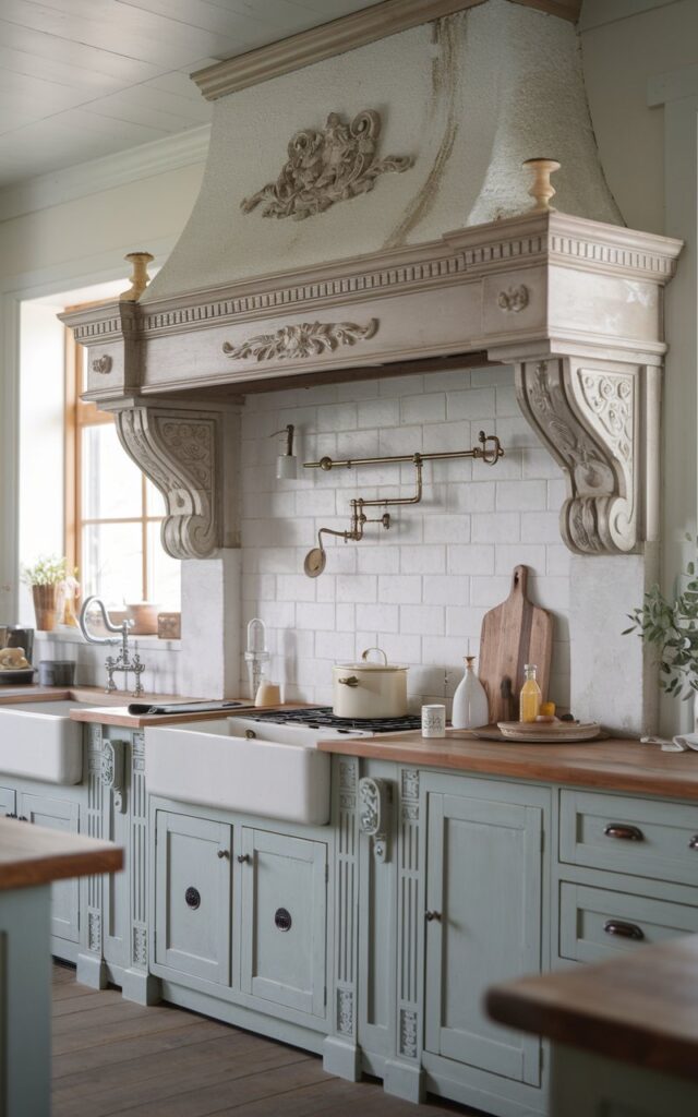 A photo of a shabby chic kitchen in a farmhouse. The kitchen has a vintage-inspired range hood with ornate detailing. There is a farm sink and other essentials in the kitchen. The lighting is even and soft. The photo is taken in a mid-shot straight view of the hood.