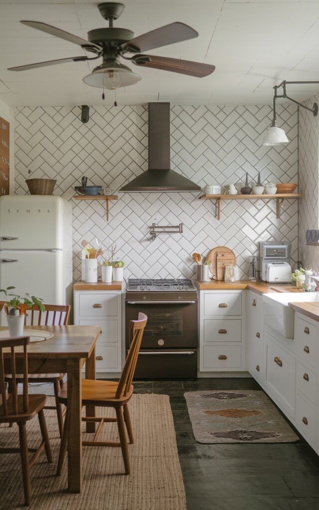 A photo of a farmhouse-style kitchen with a herringbone tile wall. The kitchen is fully furnished with essentials, including a wooden table, chairs, a stove, a fridge, and a sink. There is a ceiling fan with farmhouse pendant lights. The floor has a rug. The natural light is ambient and soft.