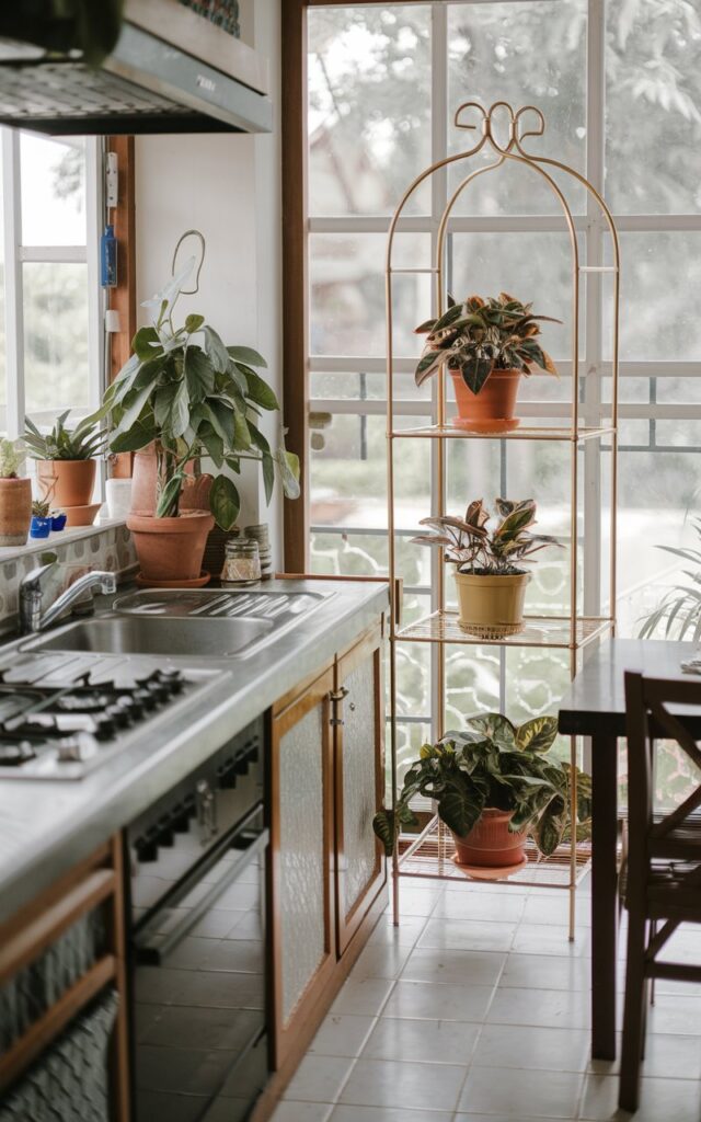 A photo of a cozy Balinese-style kitchen with a golden metal plant stand near a window. There are several potted plants on the countertop and the plant stand. The kitchen has a fully furnished with a sink, stove, and cabinets. There is a small table with a chair near the window. The lighting is soft.