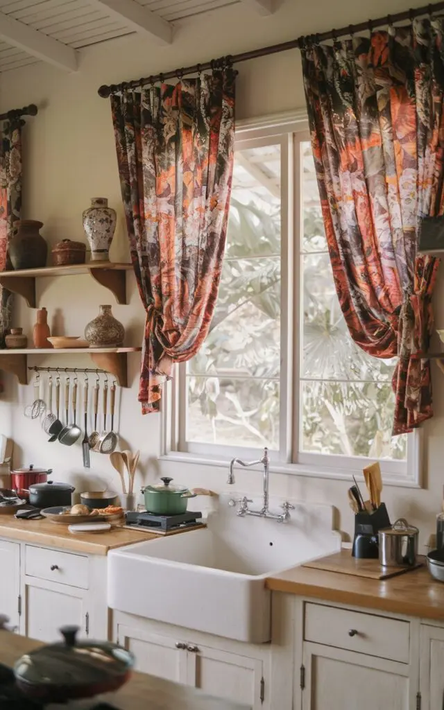 A photo of a fully-furnished Balinese kitchen with a floral and garden feel. There are large, bold print curtains on the window above a single basin sink. The natural light is soft and diffused. The kitchen contains a variety of cooking utensils, pots, and pans. There is a wooden shelf above the sink with decorative items. The walls are painted in a soft hue.