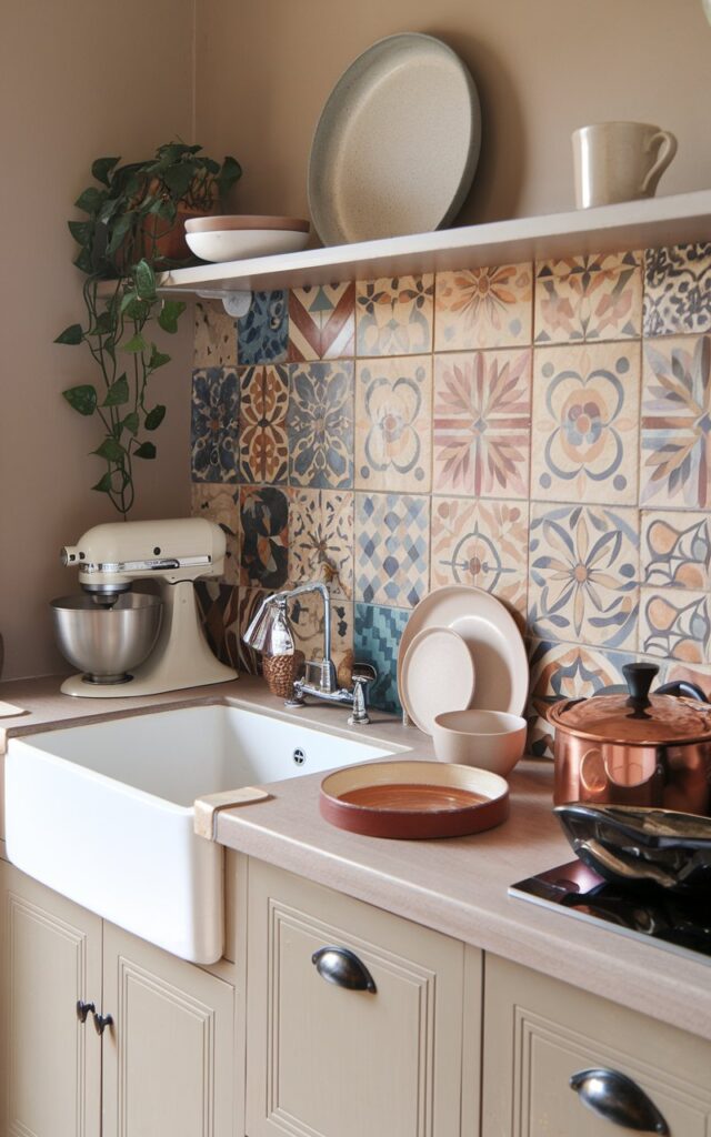 A photo of a fully furnished Boho kitchen countertop with a floral patterned colorful backsplash. The countertop contains a white ceramic sink, a beige mixer, a copper pot, a white plate, a beige bowl, a copper pan, and a white mug. There is a potted plant near the sink. The backsplash has a variety of colorful tiles in a floral pattern. The walls and cabinets are painted beige.