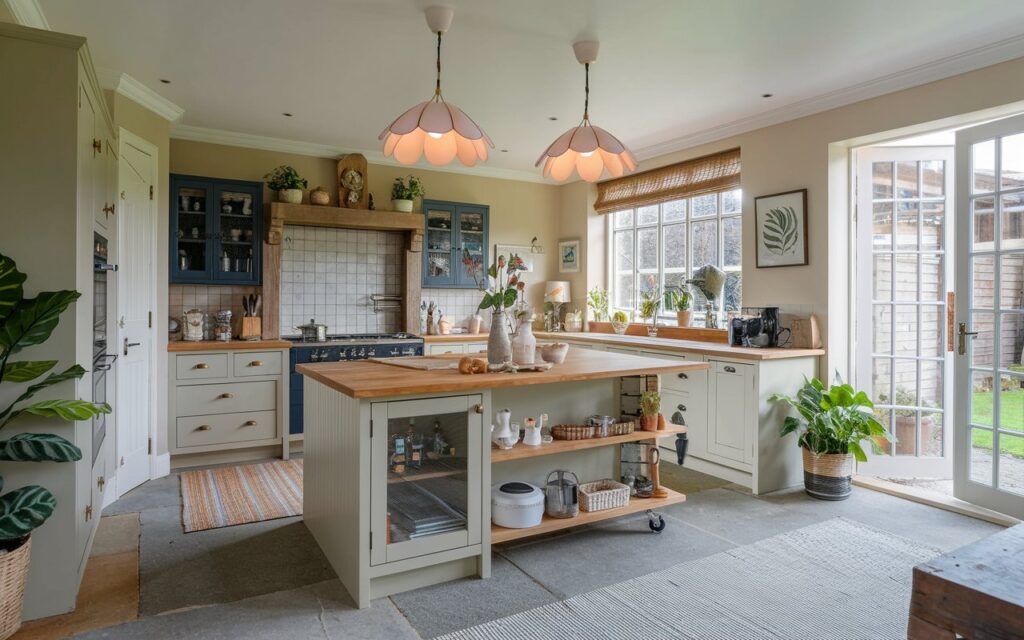 A photo of a fully-furnished English countryside kitchen in an open layout plan with an island containing essentials. The island has a flower-shaped 1-2 pendant lights with the light on. The kitchen features contrasting and unique cabinetry, backsplash, floor rug, and ceiling. There are a few plants in the kitchen. A glass door connects the kitchen with an outdoor garden.