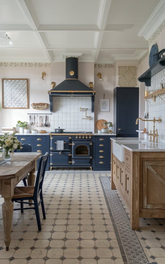 A photo of a fully-furnished French Country kitchen in an open layout plan. The kitchen has navy cabinets with gold hardware, a white farmhouse sink, and a black range hood. There is a wooden island with a marble top, and it has a gold faucet. The floor is tiled with a patterned design. The room also has a dining area with a rustic table and chairs. The walls have decorative elements, including a framed pattern and a shelf.