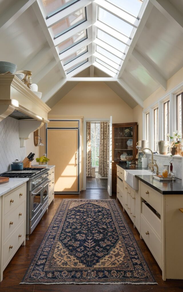 A photo of a Victorian-style kitchen with an open layout plan, a vaulted ceiling, and a skylight. The kitchen is fully furnished with a range of appliances, including a stove, refrigerator, and sink. The floor is covered with a Victorian rug. The room is filled with natural light, which is diffused through the skylight and the windows.