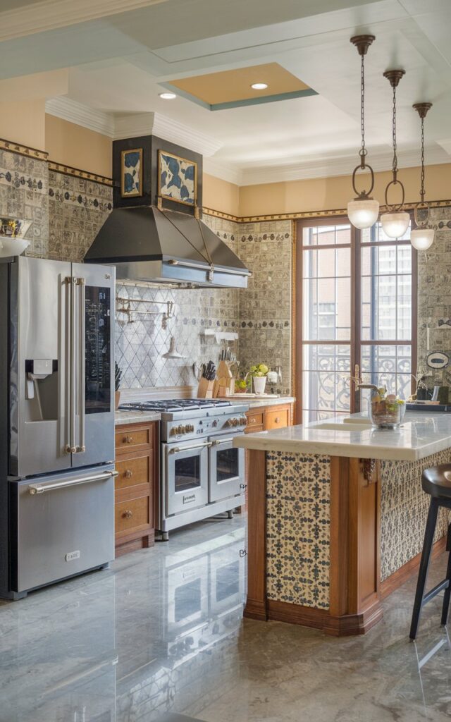 A photo of a fully-furnished art deco kitchen in an open layout plan. The kitchen has high-end appliances, such as a smart fridge, a professional-grade stove, and a double oven. The walls have decorative tiles. There are pendant lights above the island. The floor is made of marble.