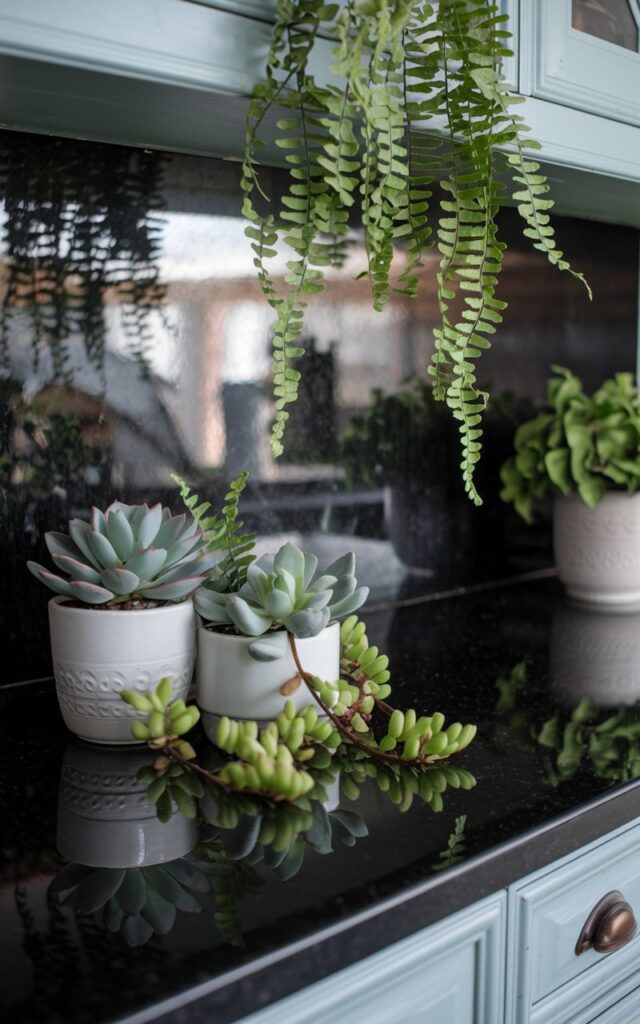 A photo of a shabby chic kitchen with a black granite countertop. On the countertop, there are a few green plants, including succulents and hanging ferns. The backsplash is a contrasting color. The overall image highlights the contrast of the green plants against the dark surface of the granite.