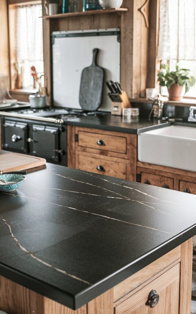 A photo of a closer view of a fully furnished black granite countertop with subtle veining. The countertop is inside a rustic kitchen with wooden cabinets, a vintage stove, and a sink. There are various kitchen items placed on the countertop, including a cutting board, a knife, and a bowl. The background contains a window with curtains and a potted plant.