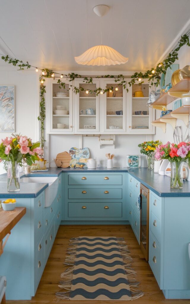 A photo of a coastal and mid-century kitchen with a fully-furnished space. The kitchen has a coastal theme with a pendant light shaped like a seashell. There is a rug with a wave pattern. The cabinets are a contrasting light blue color, and the countertops are a darker blue. The walls are white. There are garlands of greenery and string lights over the cabinets. There are bright blooms in vases on the countertops. The space is decorated for the Spring season. The natural light is warm and soft.