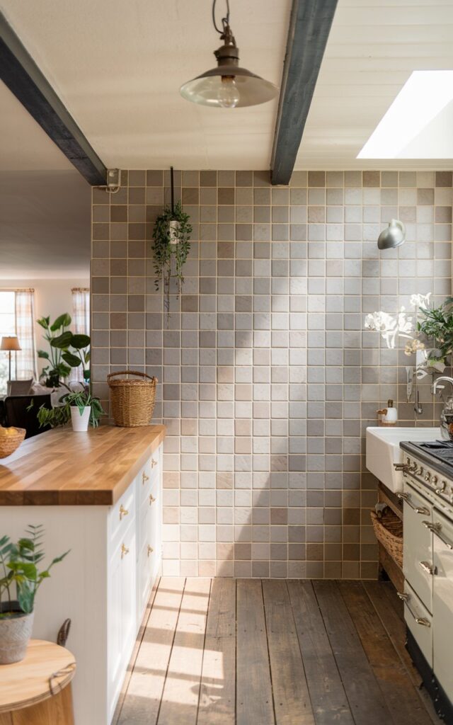 A photo of a fully furnished cottagecore kitchen with a neutral tone tile wall (soft greys, beiges). There is a beam ceiling with an antique light fixture. Natural light focuses on the neutral tone kitchen wall tiles. The kitchen has a wooden floor, a white cabinet, a wooden counter, a vintage stove, and a sink. There are plants, a basket, and a wooden utensil holder on the counter. The background is blurred, showing a living space with a couch, a plant, and a lamp.