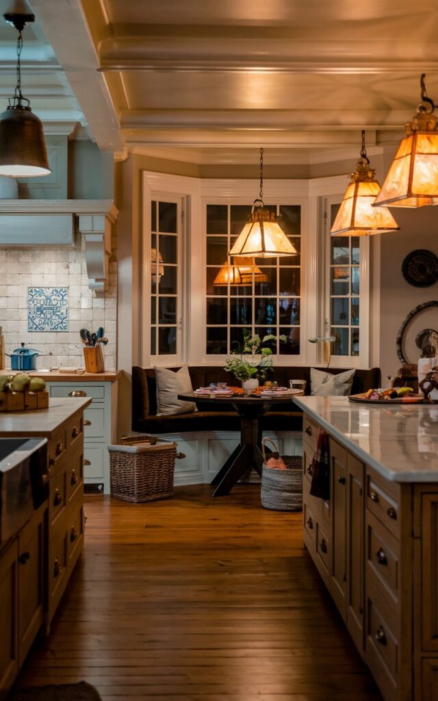 A photo of a cozy kitchen with a dining nook at night. The kitchen has a wooden floor, a large island with a marble top, and a stainless steel sink. There is a pot holder near the window. The dining nook has a dark brown table and comfortable chairs. There is a wicker basket on the floor near the dining nook. The walls have white cabinets and a decorative tile backsplash. The room is illuminated by warm light from the pendant lamps with fabric shades, amber glass, and a warm metallic finish. The dining nook has food.
