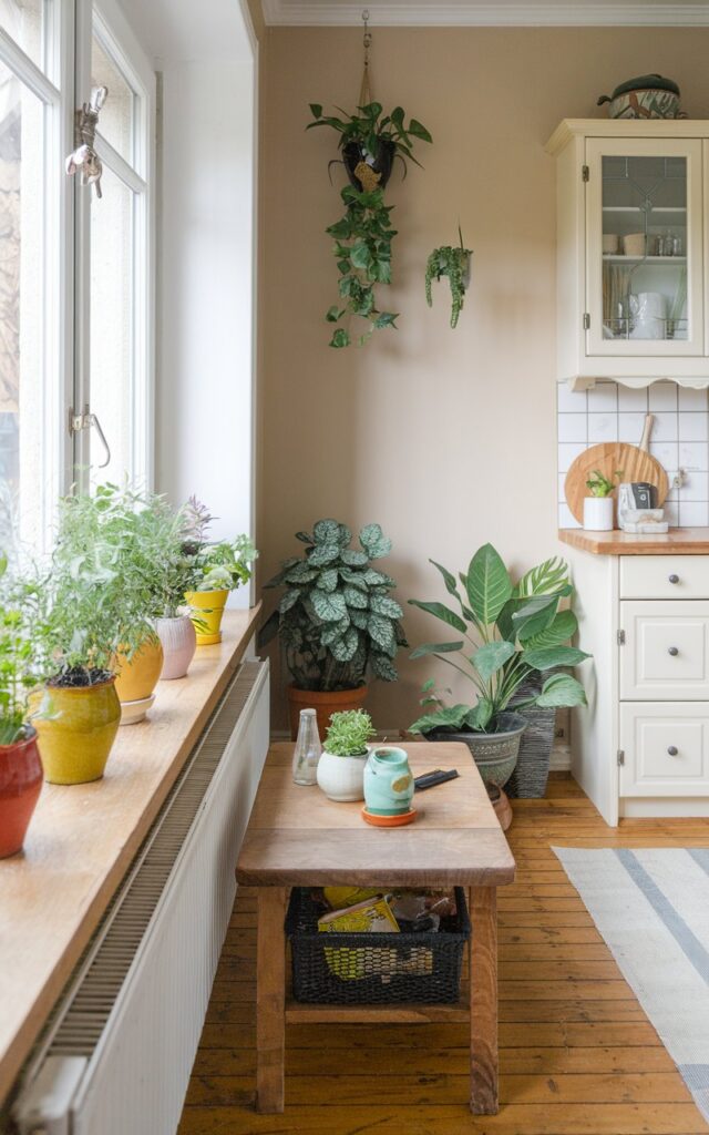 A photo of a fully-furnished, cozy, naturalistic kitchen with a few potted herbs in small ceramic colorful pots placed on the windowsill. The kitchen has a wooden floor, a beige wall, and a white cabinet. There's a wooden table in the middle of the room with a few items on it. The room has a few potted plants and a hanging planter. The lighting is soft.