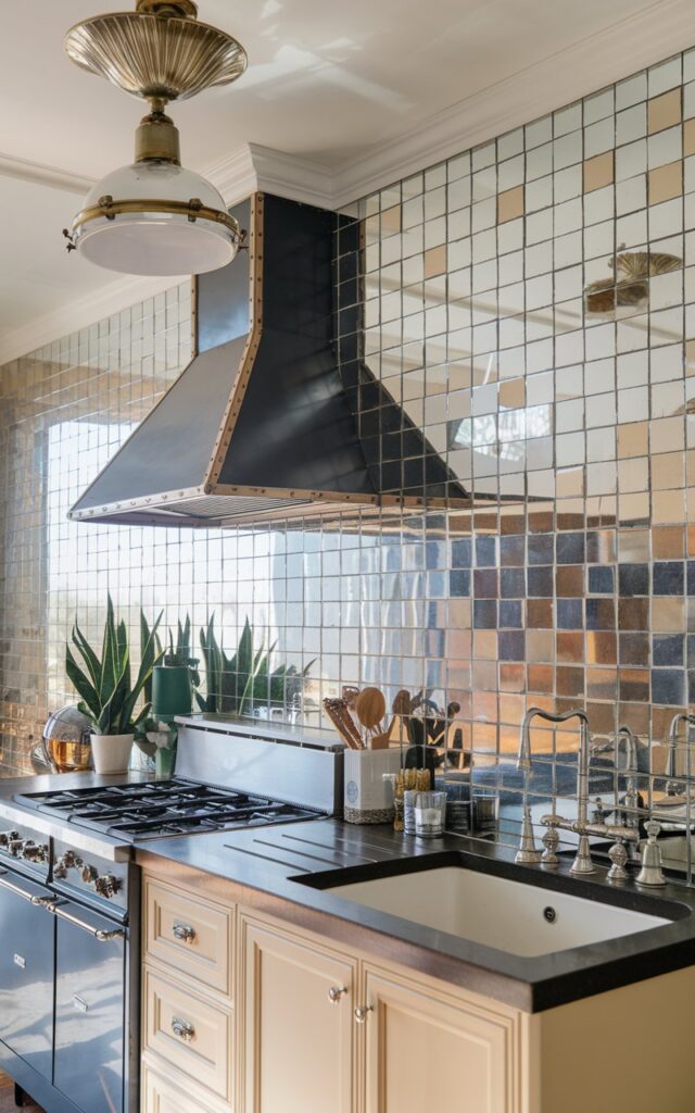 A photo of a Hollywood glam kitchen with a mirrored tile wall on one section. The countertop has a contrasting sink, range hood, a plant, and other essentials. The ceiling has a pendant light with a metallic accent. The room has natural soft lighting.