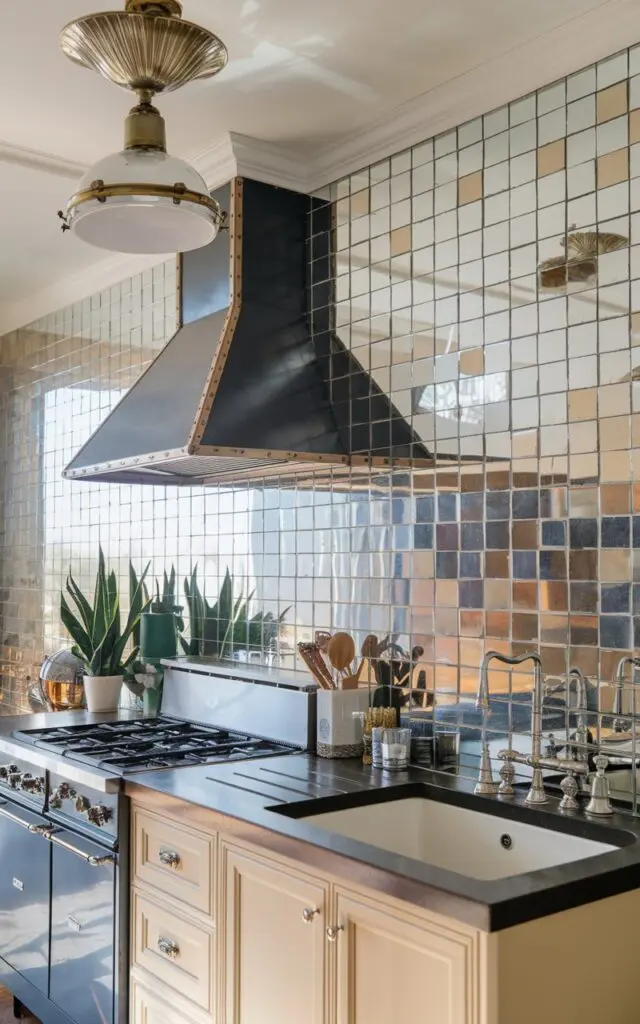 A photo of a Hollywood glam kitchen with a mirrored tile wall on one section. The countertop has a contrasting sink, range hood, a plant, and other essentials. The ceiling has a pendant light with a metallic accent. The room has natural soft lighting.