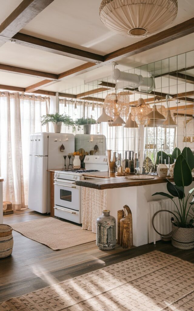 A photo of a luxurious Boho-style kitchen with an open layout and a mirrored backsplash. The kitchen has a fully furnished with a rustic wooden countertop, a white stove, a white refrigerator, a green plant, and a few decorative items. The floor has a beige patterned rug. The ceiling has wooden beams. The room has a boho-style light fixture. The room has natural light diffused through a curtain.