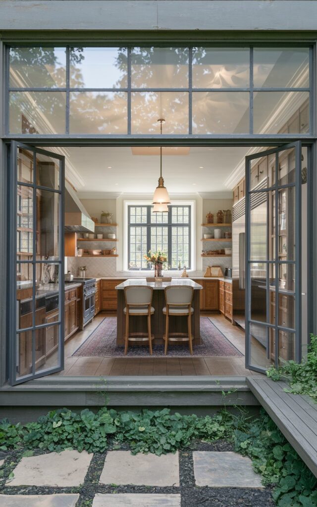 A photo of a modern Victorian open kitchen with a glass wall. The kitchen has a fully-furnished with a wooden cabinetry, stainless steel appliances, a floor rug, and a ceiling light. There is a large island in the center of the kitchen with a marble countertop and a few chairs. The room has a large window with a glass wall that provides an unobstructed view of the outdoor garden. The garden has green plants, a stone path, and a wooden structure. The overall ambiance of the photo is bright and airy.