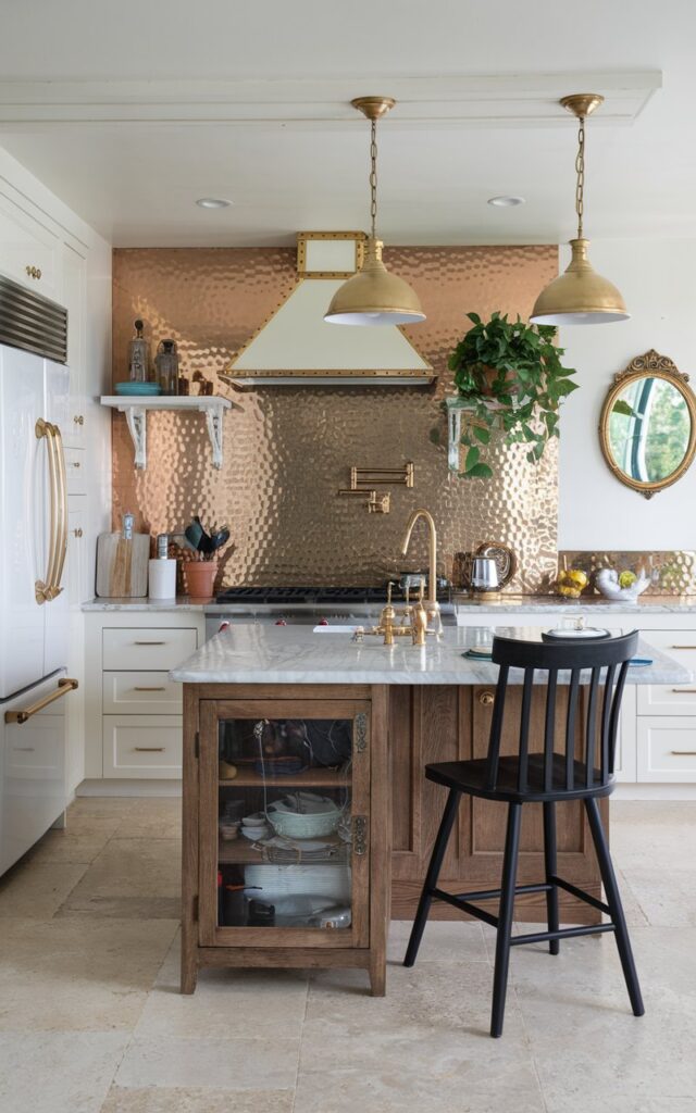 A photo of a rustic Hollywood glam kitchen with a hammered copper backsplash. The kitchen has a wooden island with a marble top, a range hood with a gold accent, gold pendant lights, and a white refrigerator. There are also white cabinets and a marble countertop. A black chair sits at the island. On the wall, there's a gold mirror and a few potted plants. The floor is made of beige tiles.
