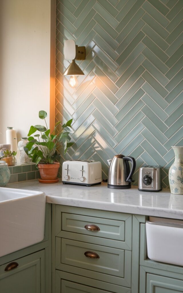 A photo of a mid-shot view of a shabby chic and coastal kitchen with a green subway tile wall in a herringbone pattern. There is a modern wall sconce lighting up the room. The countertop has essentials like a toaster, a kettle, a potted plant, and a vase. The room has natural warm, mild lighting.
