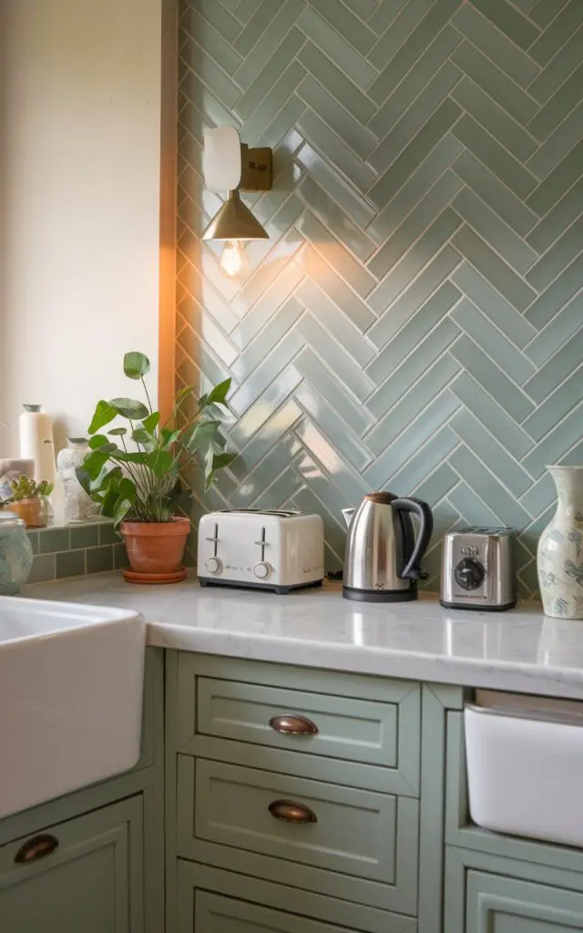 A photo of a mid-shot view of a shabby chic and coastal kitchen with a green subway tile wall in a herringbone pattern. There is a modern wall sconce lighting up the room. The countertop has essentials like a toaster, a kettle, a potted plant, and a vase. The room has natural warm, mild lighting.