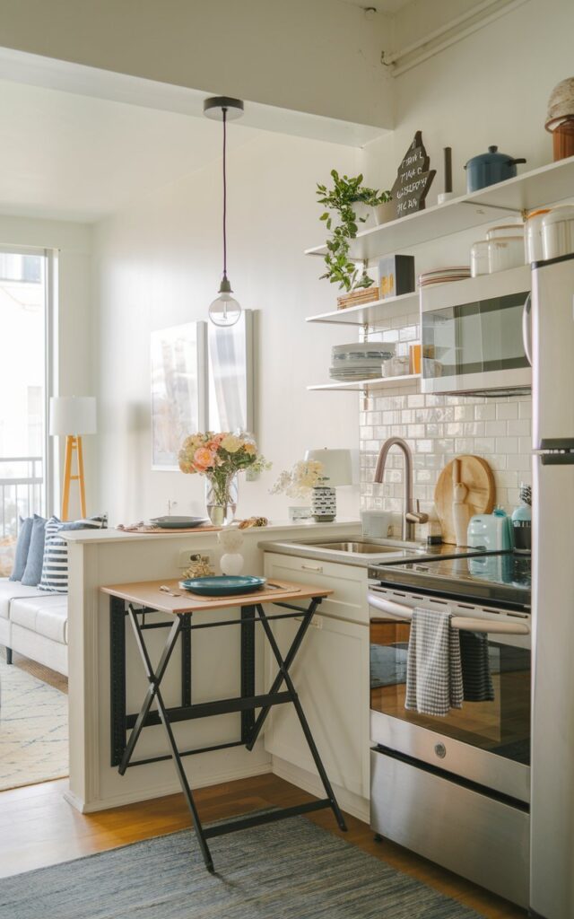 A photo of a fully-furnished studio apartment kitchen with a small fold-down dining table attached to a wall. The kitchen is well-lit, with a hanging pendant light above the sink. The living room is visible in the background. The space is equipped with modern appliances, including a refrigerator, stove, and microwave. There is a small countertop with a vase of flowers and a few decorative items. The floor is covered with a rug.