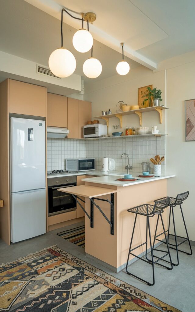 A photo of a fully-furnished studio apartment kitchen with a wall-mounted fold-down countertop. The kitchen has a refrigerator, an oven, a microwave, and a sink. There is a small breakfast bar with two stools. The ceiling has hanging globe lights. The floor is covered with a patterned rug.