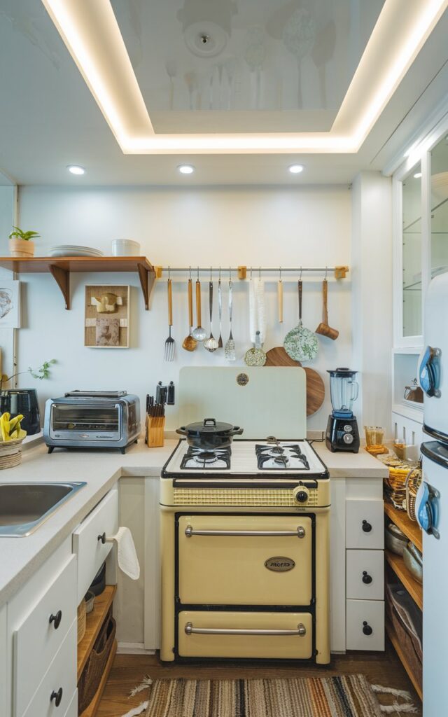 A photo of a fully-furnished studio kitchen. The kitchen has a two-burner stove with a cooker on it. The countertop has enough space for a toaster oven, a blender, and a few dishes. The ceiling is recessed with LED lighting. The walls have a few hanging items. The floor is covered with a rug.
