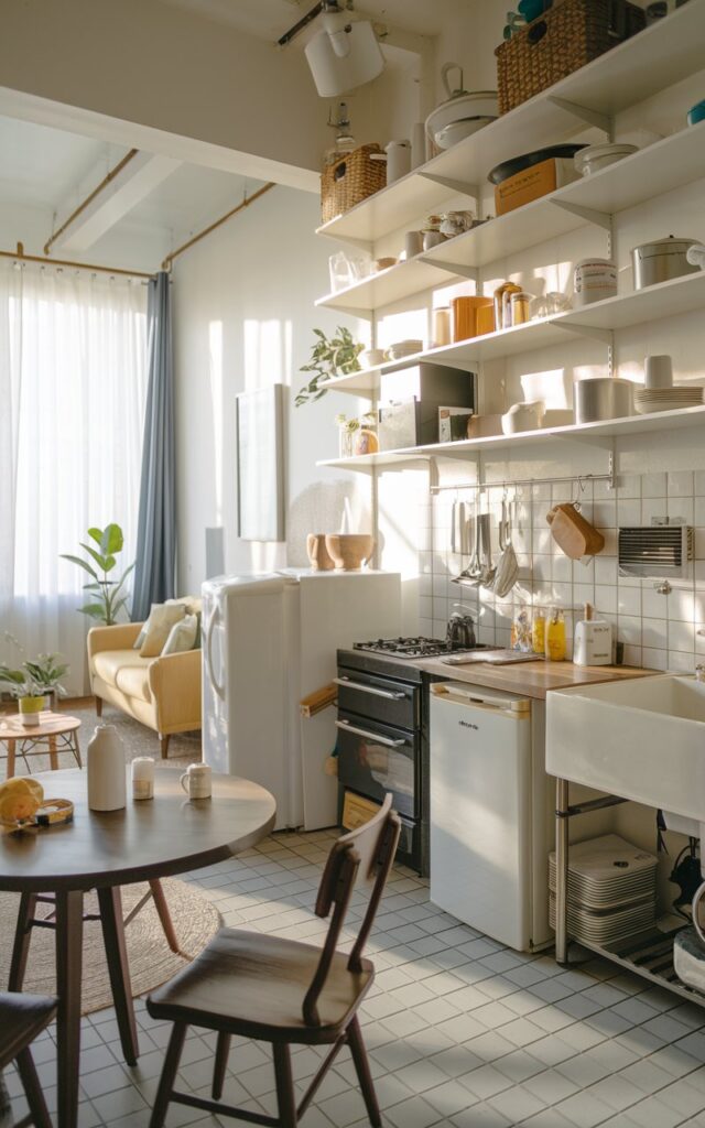A photo of a fully-furnished studio kitchen with a few ceiling-high shelves filled with essentials. The kitchen has a small fridge, a stove, a sink, and a countertop. There's a round wooden table with a few items on it. The living room is in the background, partially visible through a door. The room has natural light, with rays of light filtering through the window. The floor is tiled.