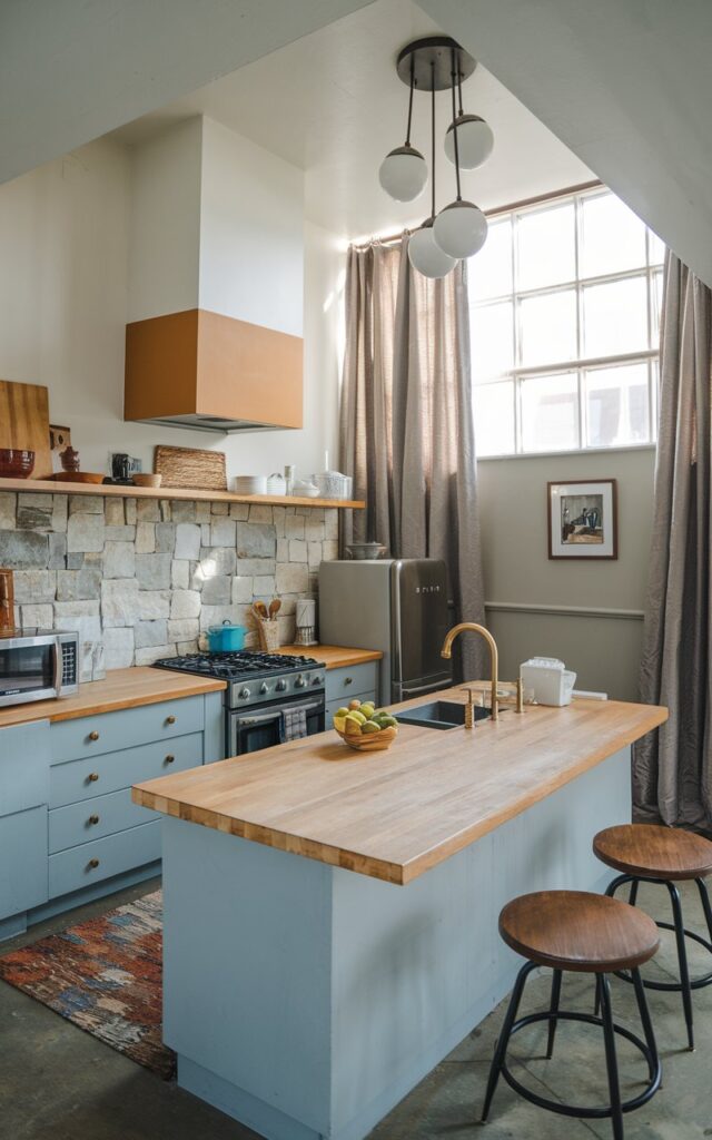 A photo of a modern Victorian open kitchen with an uncluttered look. The kitchen has an open countertop and is furnished with a stove, a microwave, a sink, and a refrigerator. There is a stone backsplash. There is a rug on the floor and a cluster globe pendant light in the ceiling. The window has thick curtains.