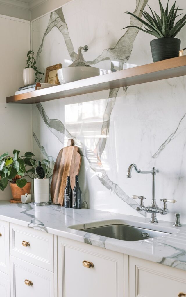 A Hollywood glam + cottagecore kitchen with a full-slab marble backsplash with veining. The counter has a sleek rangehood, sink, a plant, and other essentials. A straight-angle close-up view of the counter with the backsplash. The lighting is soft.
