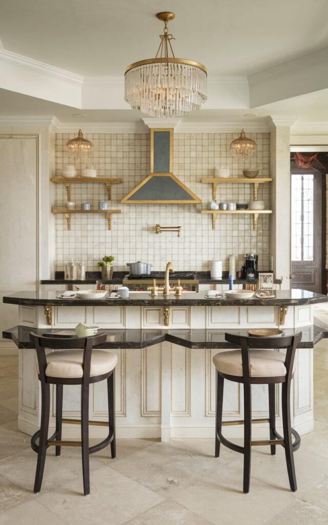 A photo of a Hollywood glam kitchen with a kitchen bar having two-level black granite countertops for dining and food preparation. The countertops have various kitchen essentials placed on them. The bar has a eye-level shot. The kitchen has a backsplash with gold accents and a chandelier hanging above the bar. The floor has a beige tile.