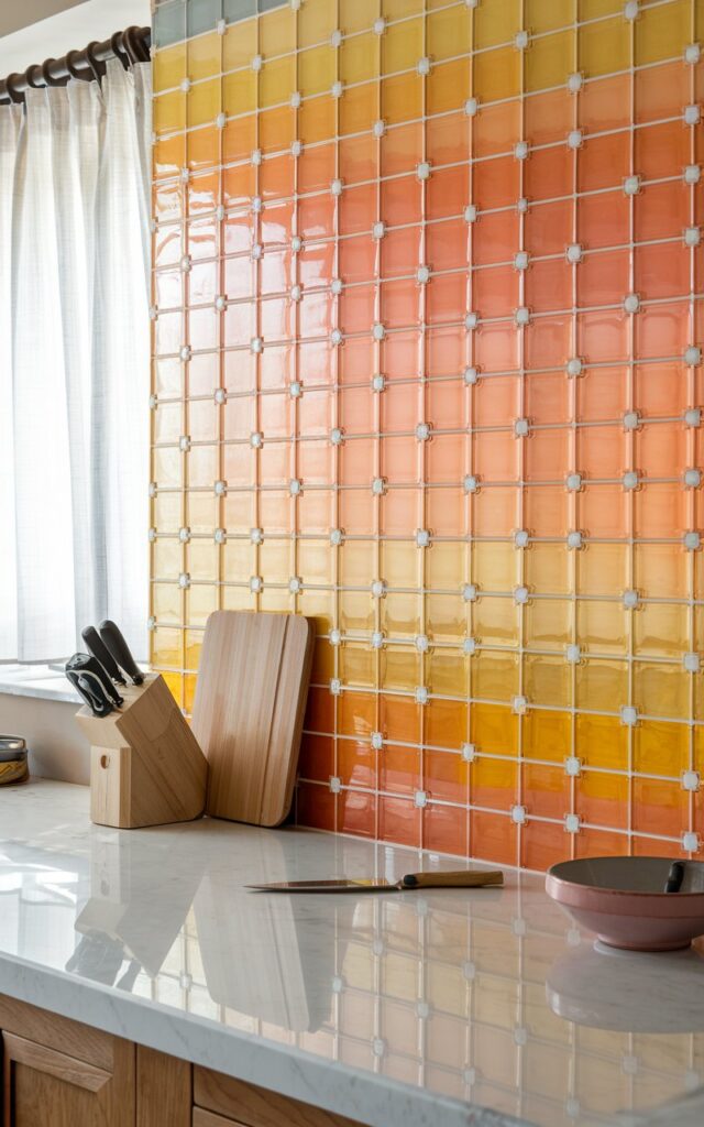 A photo of a kitchen countertop with a gradient glass tile backsplash in bright colors. The tiles have a gradient from orange to yellow. There are also small, white tiles among the gradient tiles, forming a pattern. The countertop is made of white marble. There are a few kitchen utensils on the countertop, including a knife, a cutting board, and a bowl. The wall behind the countertop has a window with curtains.
