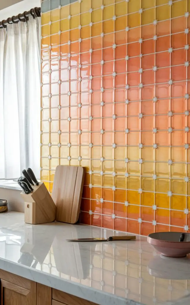A photo of a kitchen countertop with a gradient glass tile backsplash in bright colors. The tiles have a gradient from orange to yellow. There are also small, white tiles among the gradient tiles, forming a pattern. The countertop is made of white marble. There are a few kitchen utensils on the countertop, including a knife, a cutting board, and a bowl. The wall behind the countertop has a window with curtains.